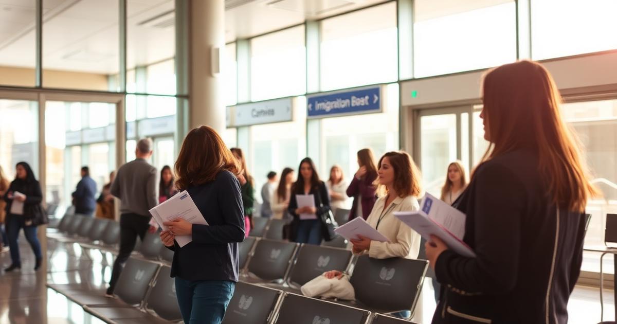 Applicants waiting with document folders at a Portuguese immigration office