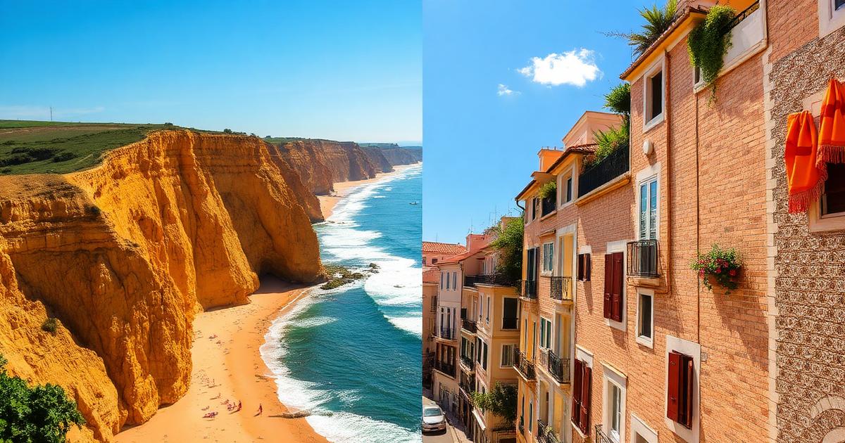 Algarve cliffs beside a tiled Lisbon street, comparing both places to live