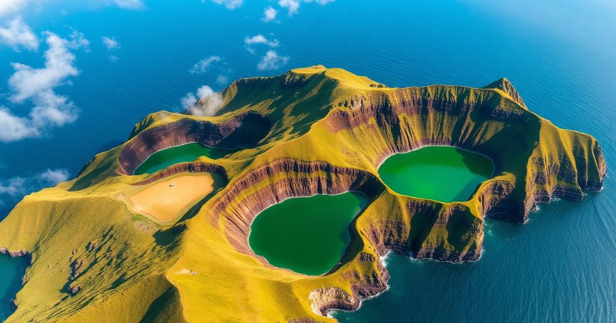 Aerial view of volcanic crater lakes in the Azores, Portugal