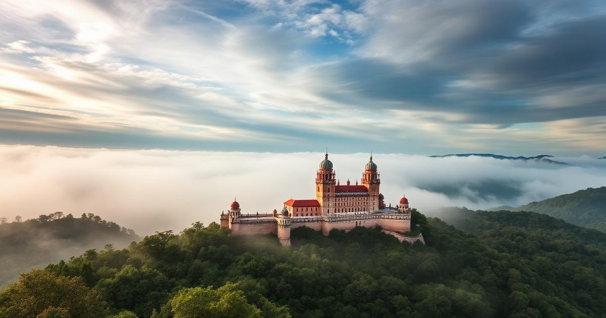 Hilltop palace above misty forest in Sintra, Portugal