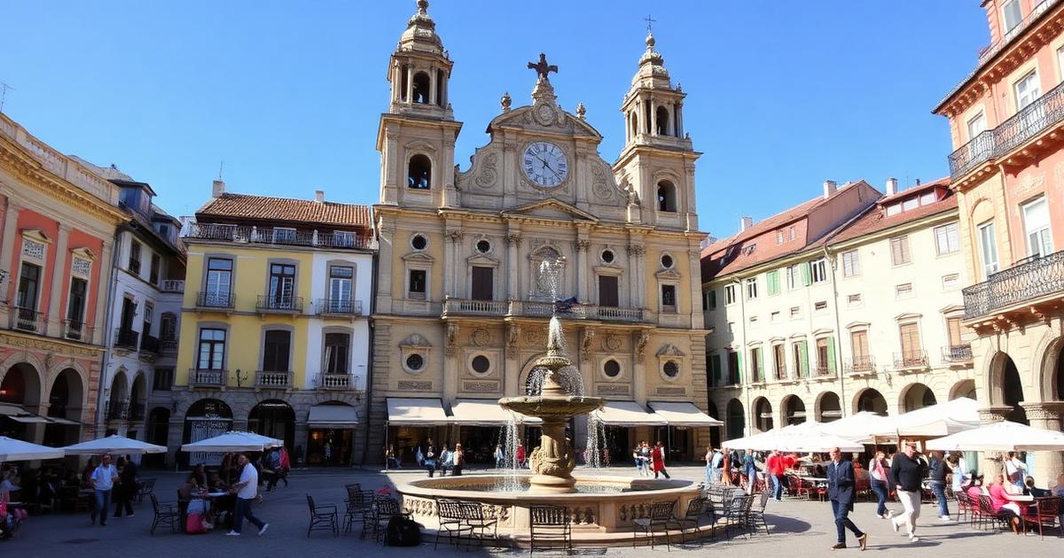 Historic square with fountain and cafés in Braga, Portugal