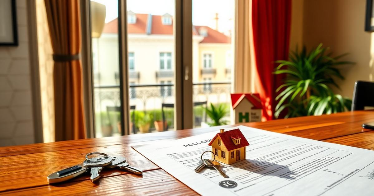 Keys, a purchase contract and a small model house on a table in a sunlit Portuguese apartment