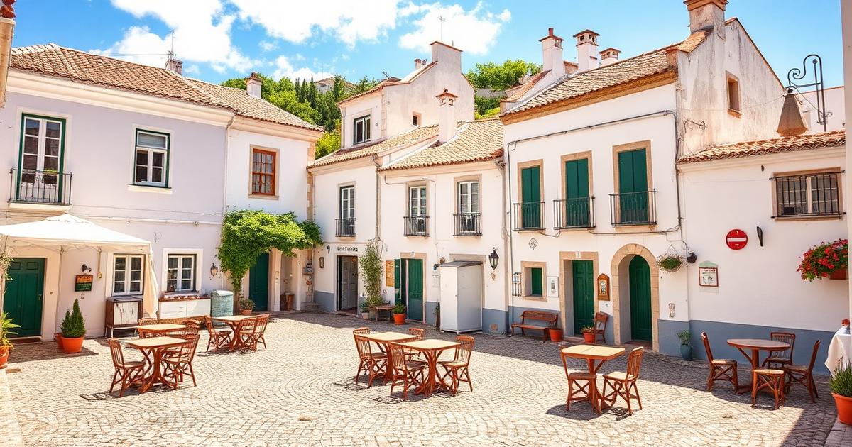 Affordable Portuguese town square with whitewashed houses and café tables