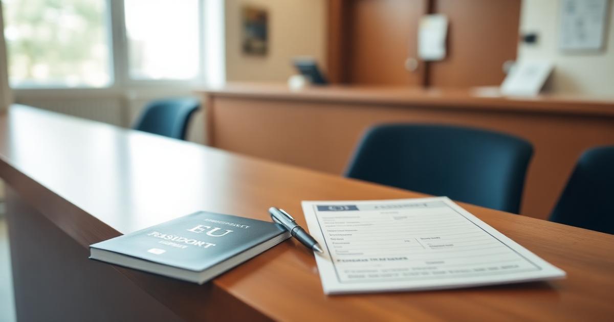 EU passport and residence registration form on a town hall desk in Portugal