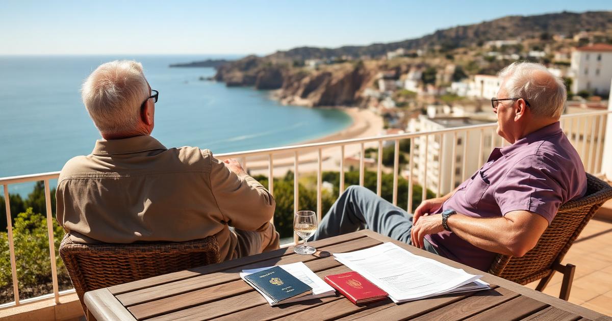 Retired couple on a terrace overlooking the Portuguese coast