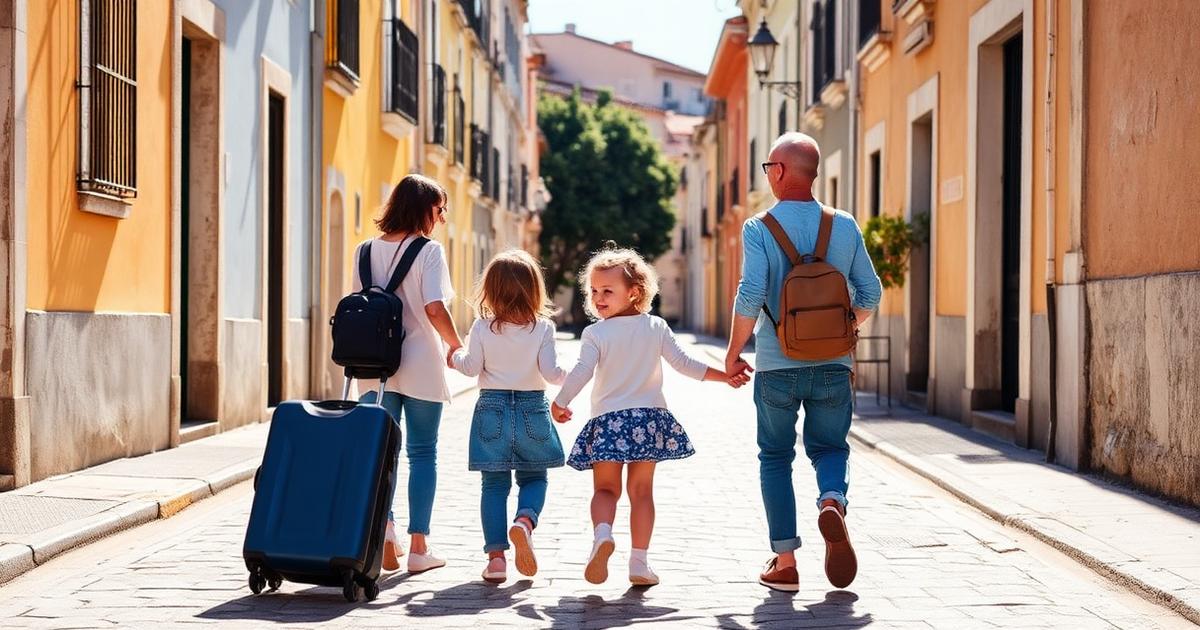 Family with children and suitcases walking a sunny Portuguese street