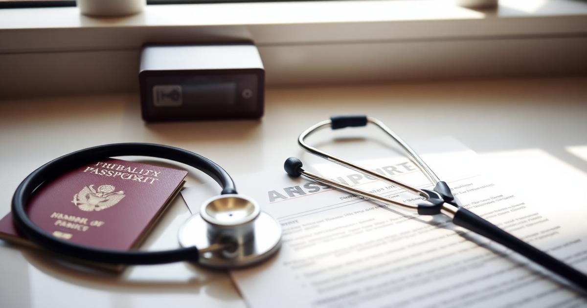Health insurance policy, stethoscope and passport for a Portuguese visa