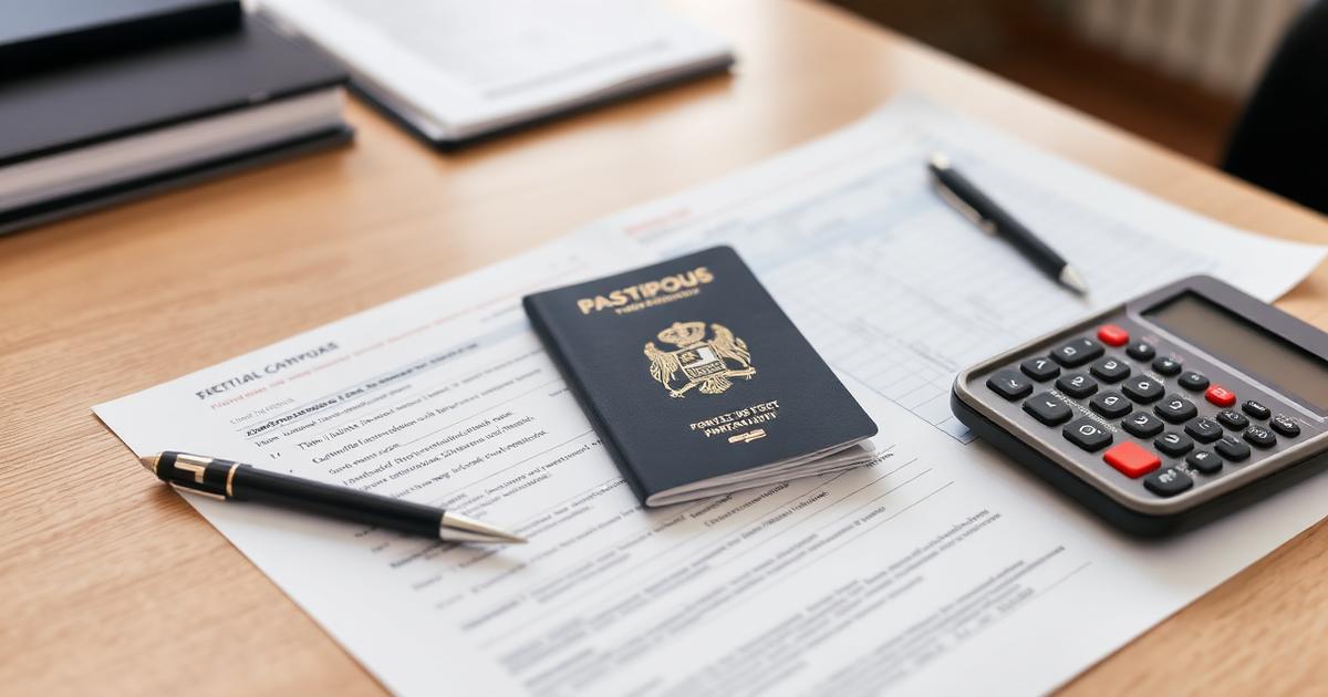 Tax paperwork, passport and calculator for a Portuguese NIF application