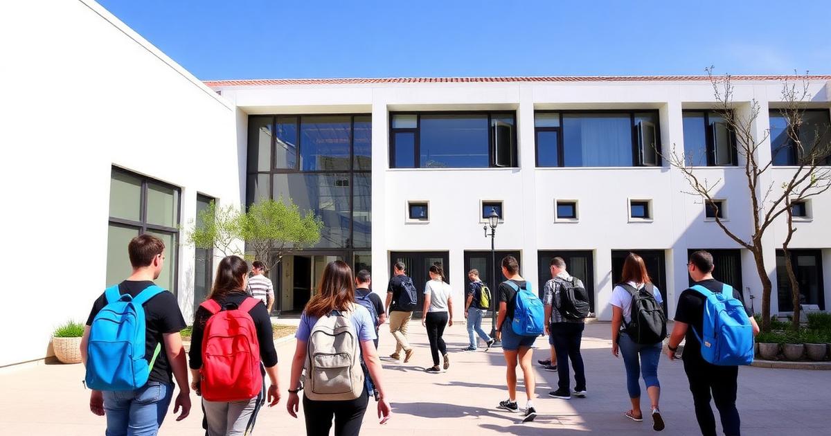 Students walking into a modern international school in Cascais
