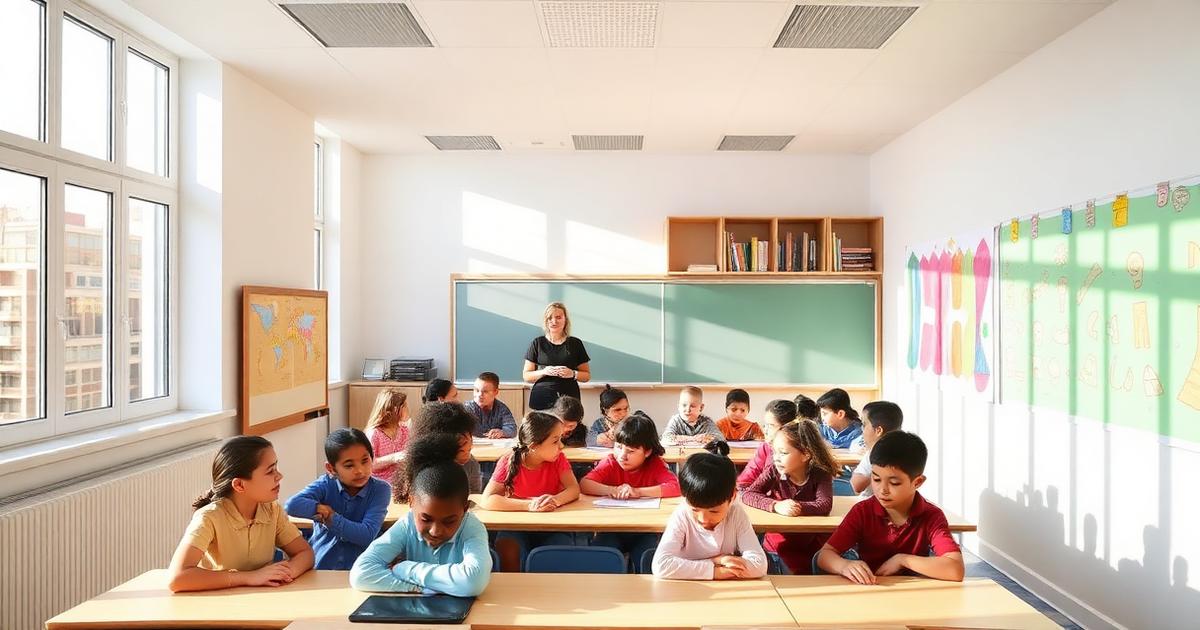 Bright international school classroom with students in Lisbon