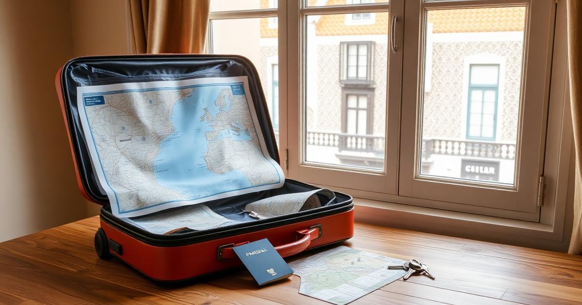 Open suitcase, passport and map prepared for a move to Portugal