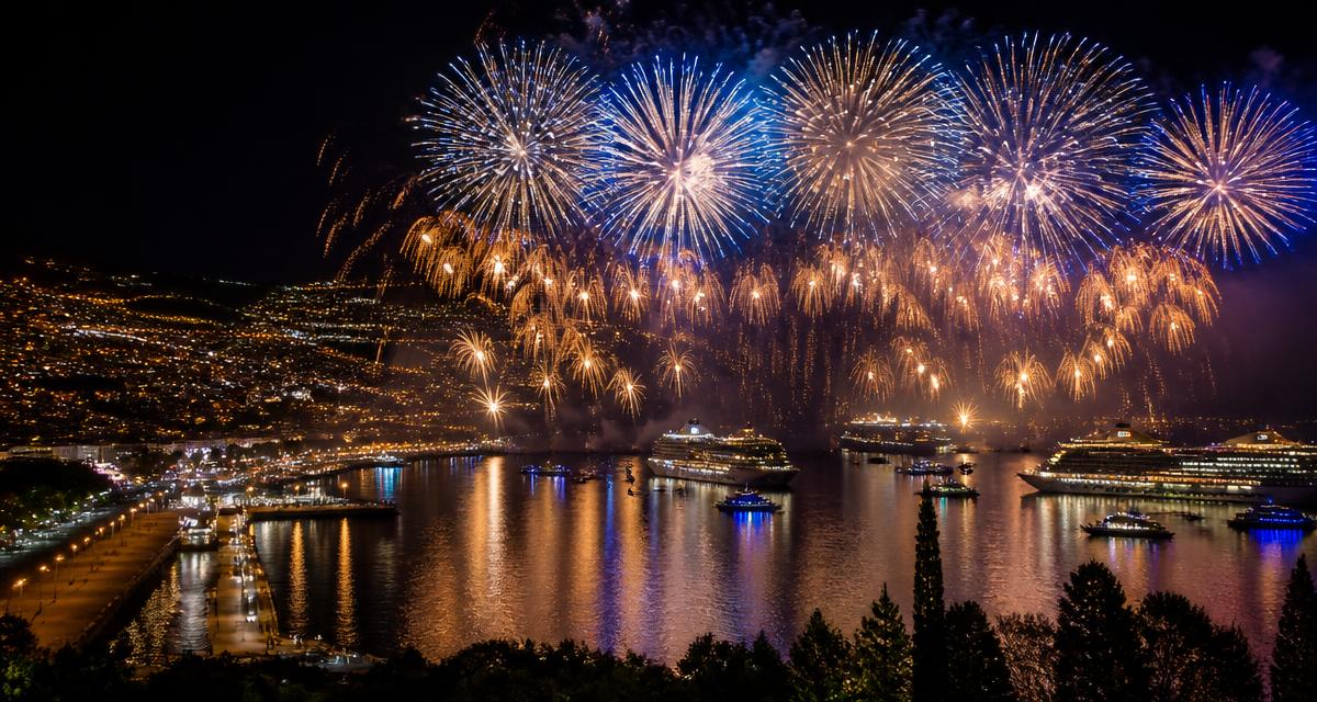 New Year's Eve fireworks over Funchal bay in Madeira, Portugal