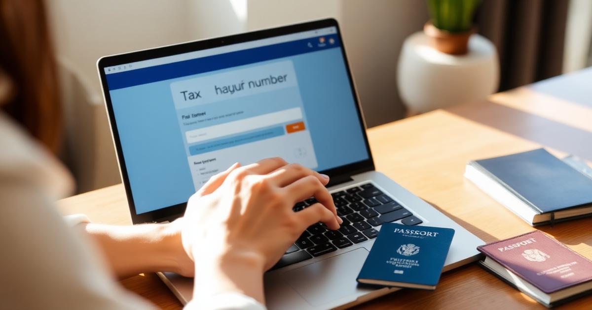 Person applying online for a Portuguese NIF on a laptop with passport