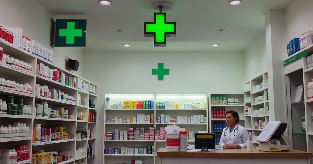 Interior of a Portuguese pharmacy with green cross sign and pharmacist