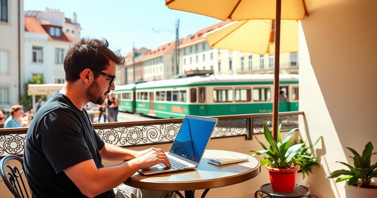 Digital nomad working on a laptop at a Lisbon café terrace