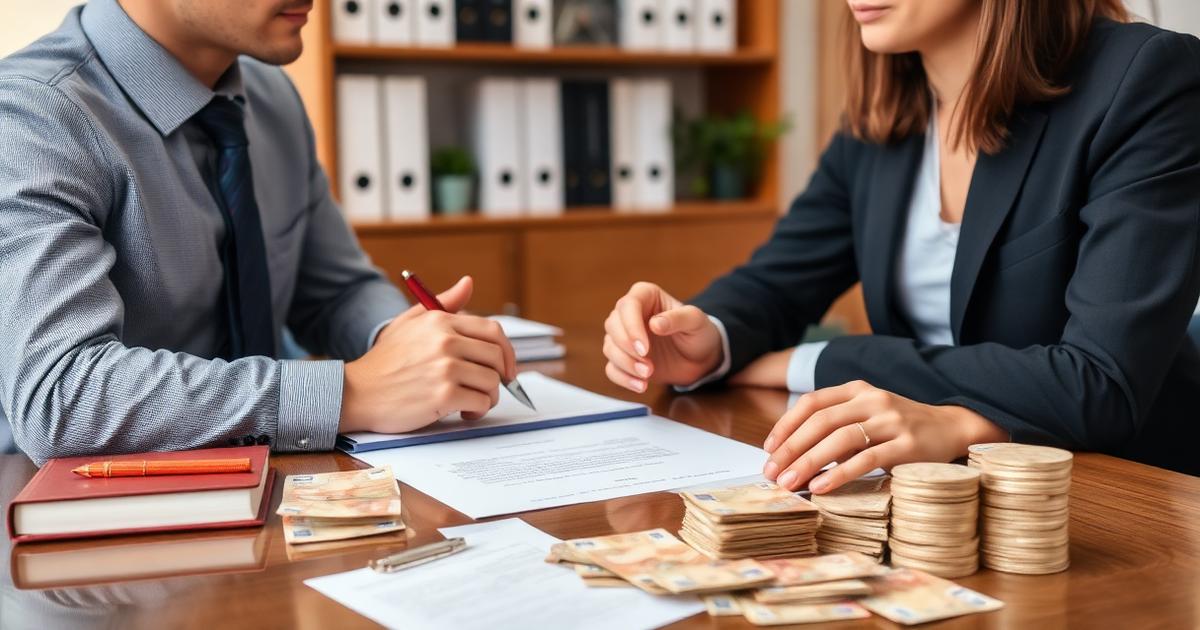 Immigration lawyer meeting a client with contracts and euro notes