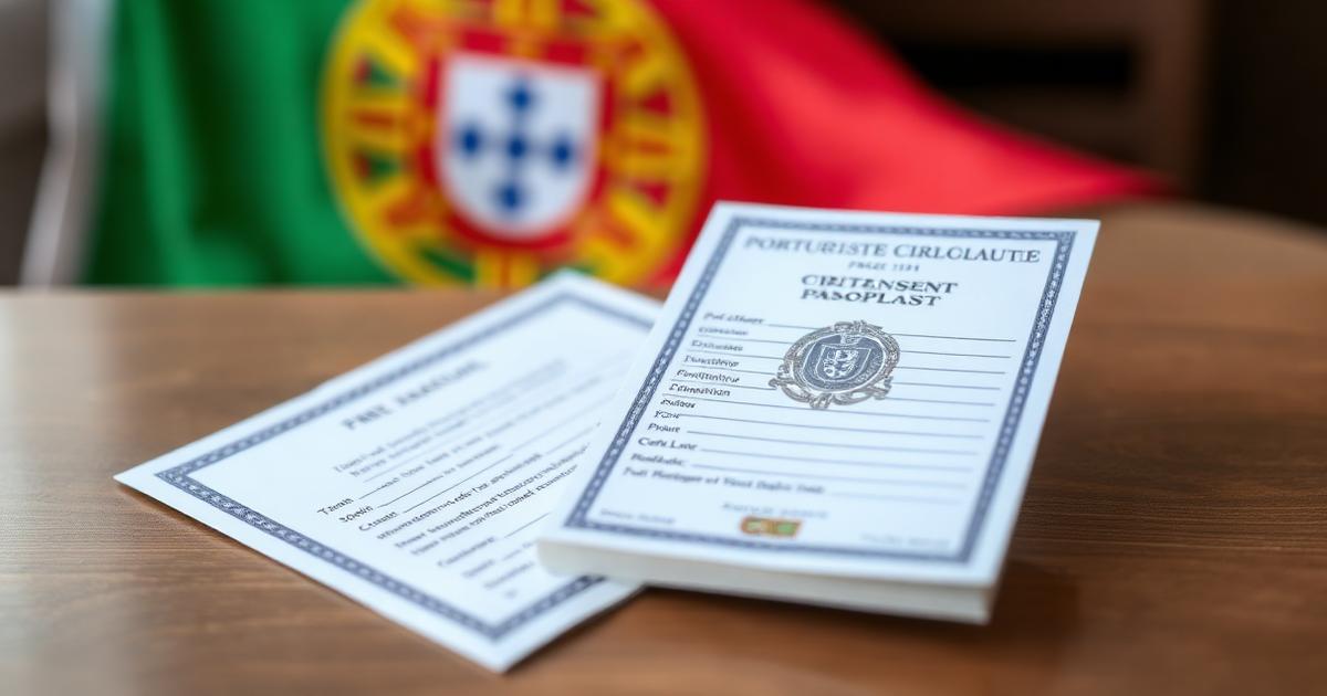 Portuguese citizenship certificate and passport in front of the national flag