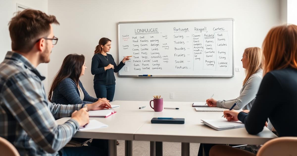 Adult Portuguese language class with teacher at a whiteboard in Lisbon