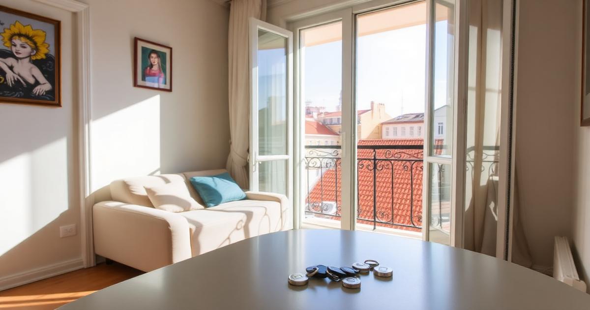 Sunny Lisbon apartment with balcony overlooking tiled rooftops and keys on the table