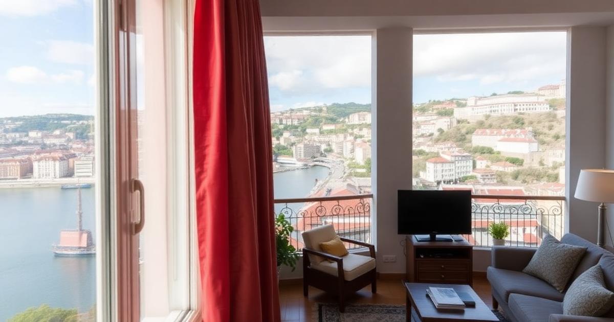 Porto apartment living room with a window view over the Douro river