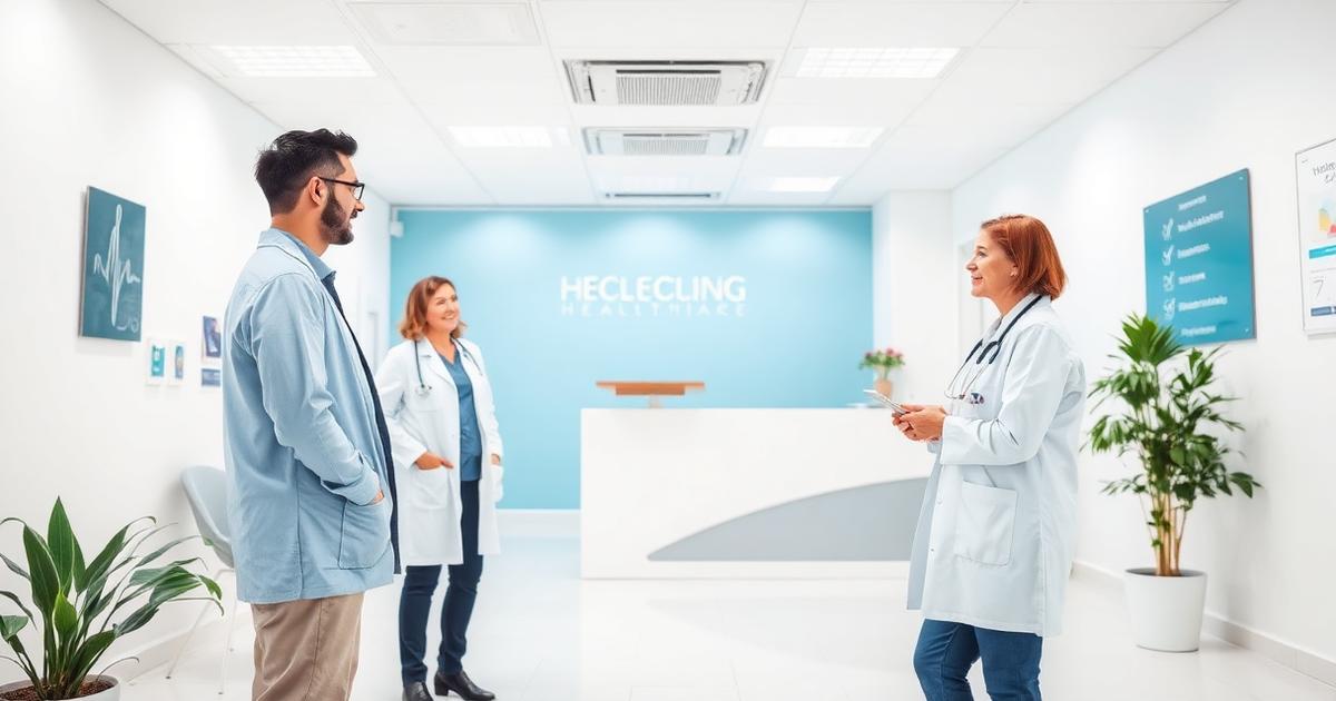Doctors and a patient in a bright healthcare clinic in Portugal