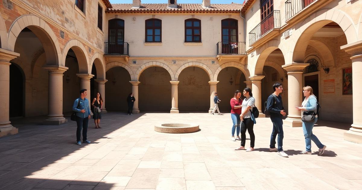 International students in a historic Portuguese university courtyard