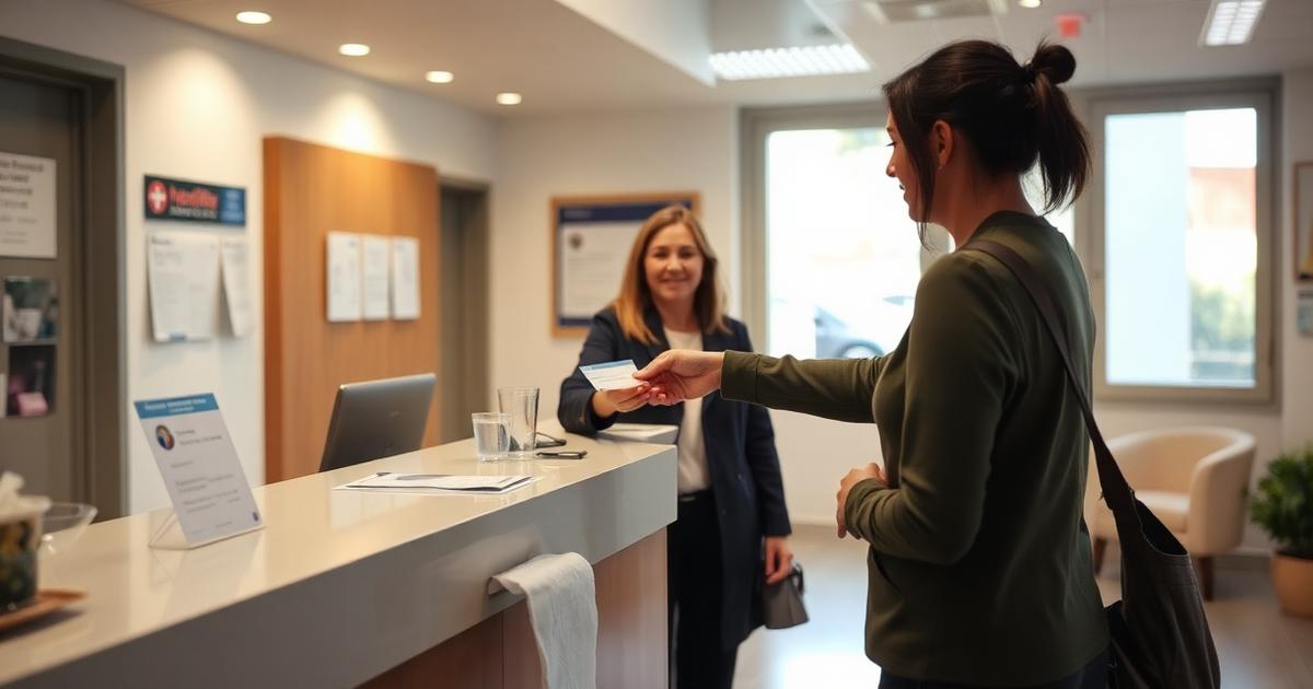 Patient handing a health card to reception at a Portuguese health centre