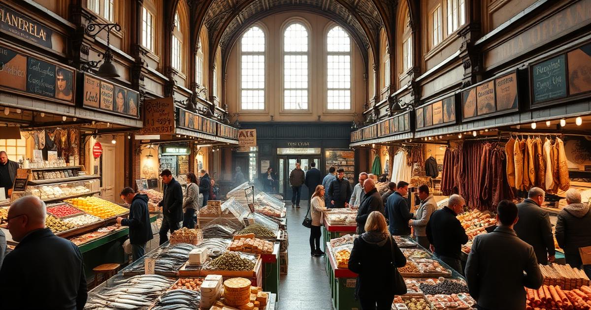 Historic food market hall in Lisbon with fish, cheese and cured ham stalls