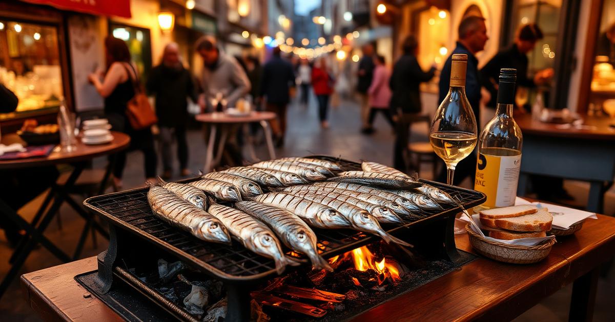 Charcoal-grilled sardines with bread and white wine at an outdoor table in Alfama, Lisbon