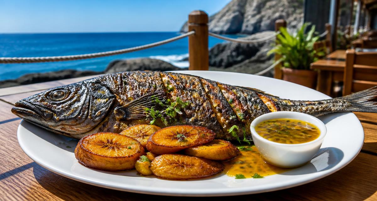 Grilled black scabbard fish with fried banana and passion fruit sauce at a seaside restaurant terrace in Madeira