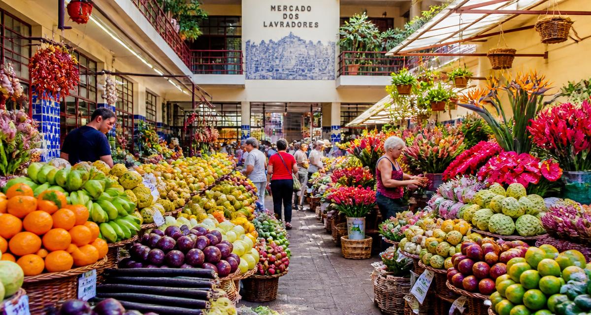 Mercado dos Lavradores in Funchal with tropical fruit and flower stalls