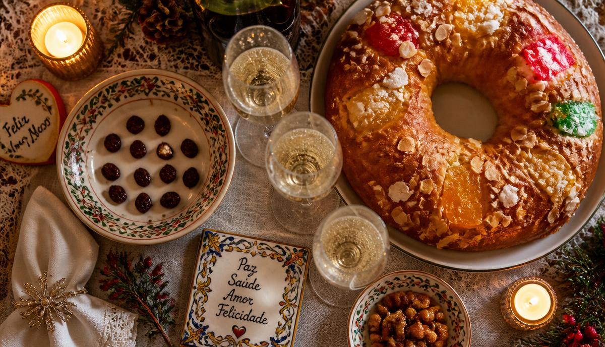 Twelve raisins, sparkling wine and bolo-rei on a Portuguese New Year table